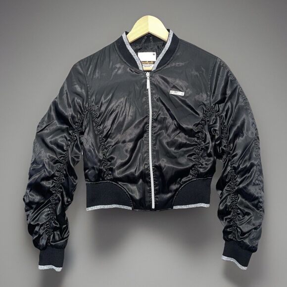 Jackets & Blazers - Southpole Women M Cropped Bomber Jacket Black Ruched Satin Y2K Gorpcore Tech